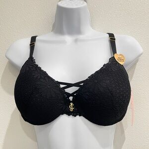 NEW Juicy Couture Black Lace Sexy Extreme Push-Up Bra 34C Gold Logo Charm